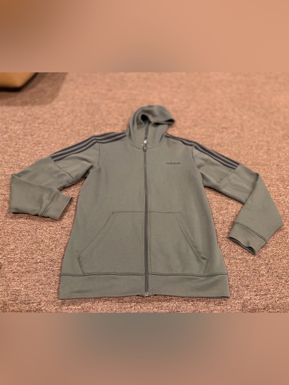 EUC! Adidas Mens Olive Green Full-Zip Hoodie with Black Stripe Detail M